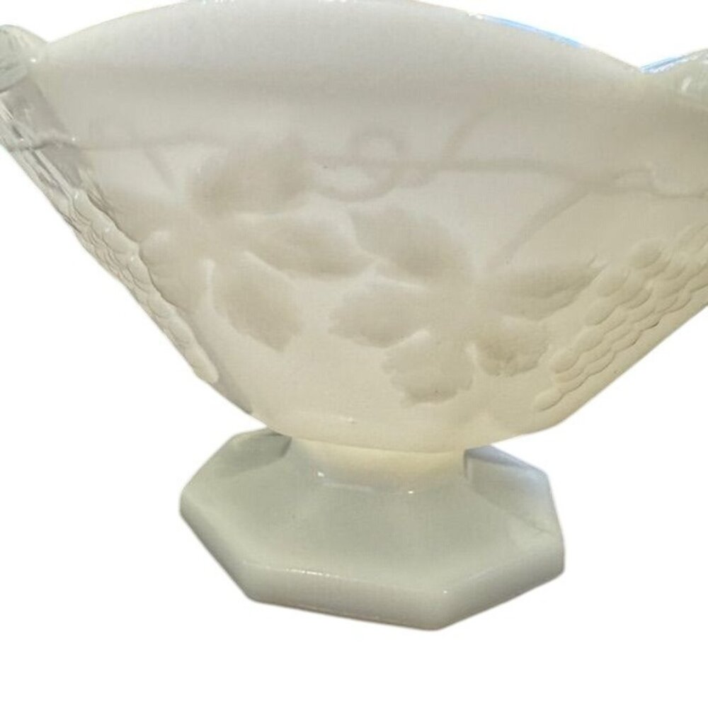 Milk Glass Pedestal Bowl With Grape Vine Embossed Design Octagonal Shape Vintage